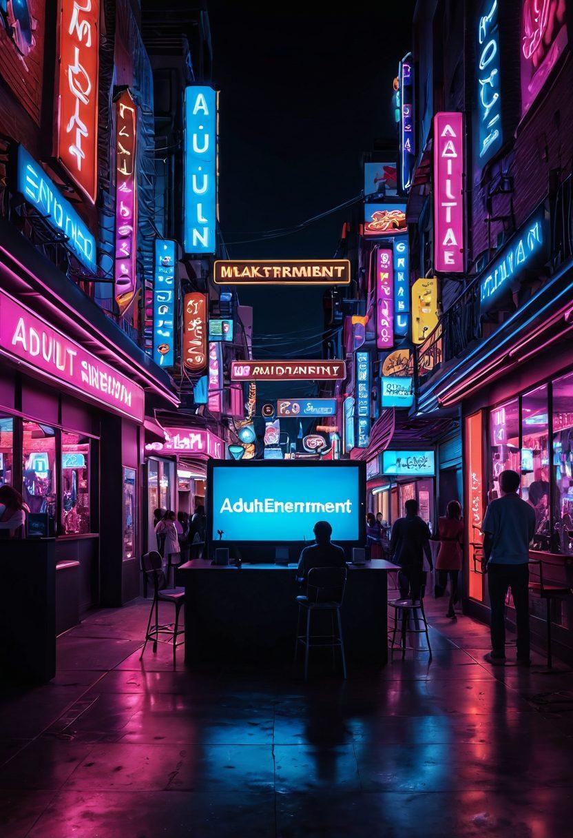 A visually evocative depiction of a digital landscape filled with abstract icons and symbols representing adult entertainment, such as playful silhouettes, neon lights, and playful imagery. Incorporate a glowing neon sign that reads 'Adult Entertainment'. The scene should feel immersive, highlighting the diverse aspects of online content while maintaining an artistic touch. Soft bokeh effects can enhance the composition, making it modern and appealing. vibrant colors. digital art. neon style.
