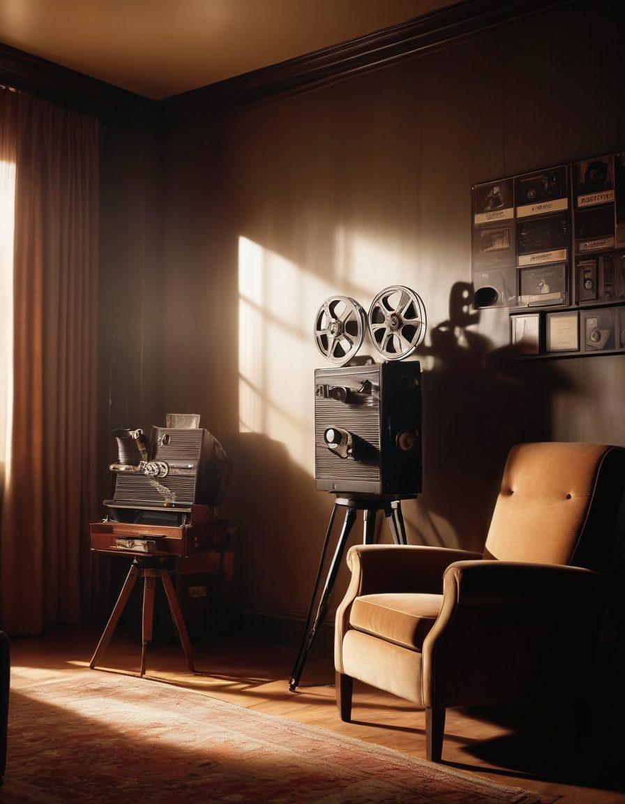A cinematic scene featuring an alluring vintage film projector casting seductive shadows on a wall, surrounded by an array of classic film reels and clapperboards. Soft, ambient lighting sets a moody atmosphere, with stylish lounge chairs and plush velvet curtains in the background. Ethereal silhouettes of iconic sensual movie scenes subtly highlighted in the shadows, inviting exploration and intrigue. Film grain texture adds a nostalgic touch. super-realistic. warm tones. cinematic style.